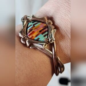 STERLING SILVER COPPER INLAID TURQUOISE CORAL  CUFF BRACELET SIGNED